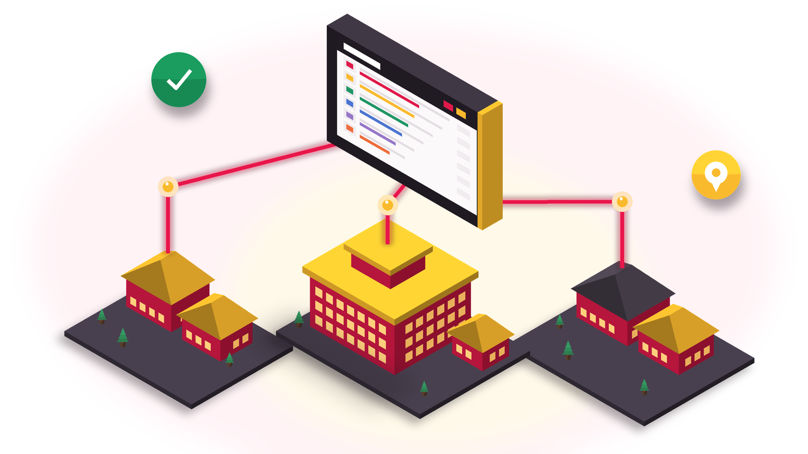 Isometric illustration of residential blocks routed into a provider review console