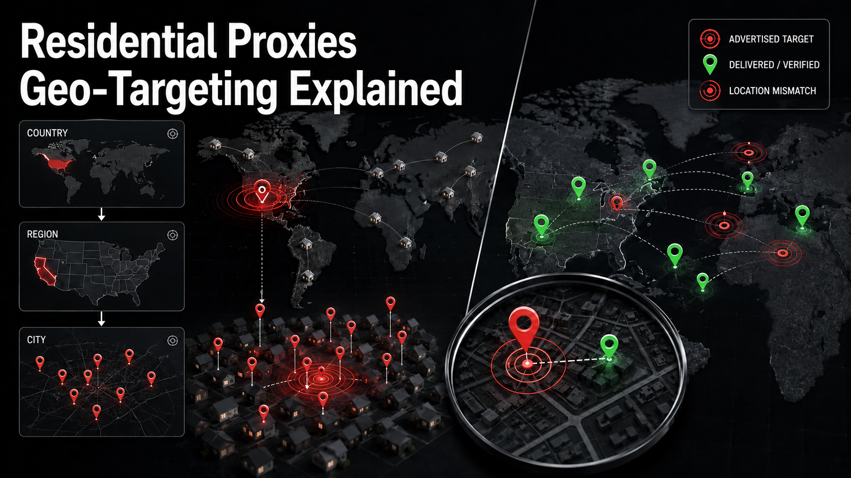 Residential proxies geo-targeting explained across country, region and city layers, with advertised targets set against verified exit locations