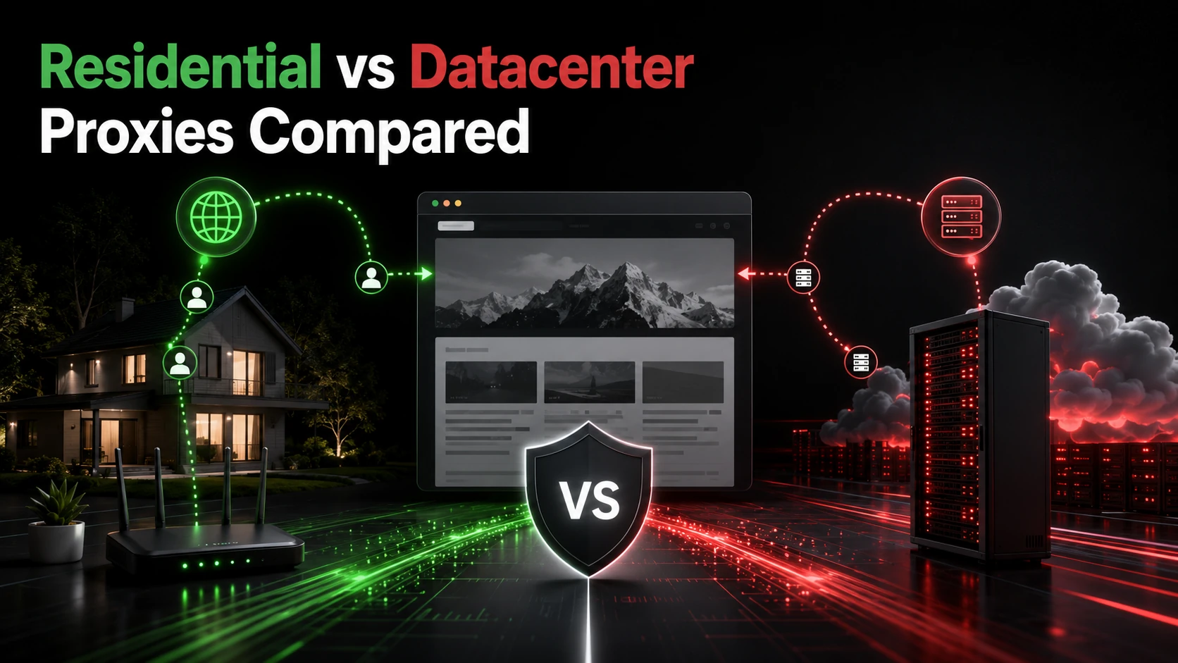 Residential versus datacenter proxies compared, a home router route on one side and a server rack route on the other meeting at the same web page
