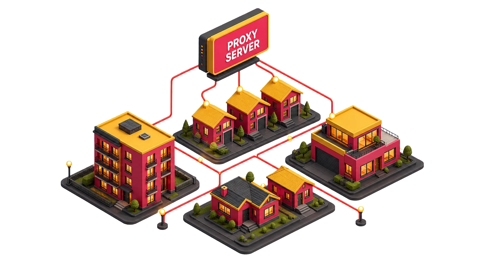 Realistic 3D residential proxy server connected to a neighborhood network